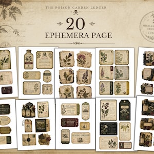 May include: A collection of 20 ephemera pages titled The Poison Garden Ledger, featuring vintage-style botanical illustrations, apothecary labels, warning signs, and aged paper textures with dark brown, cream, and muted green color palettes.