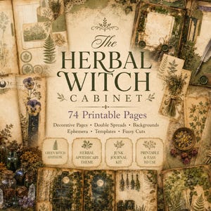 Può includere: Una collezione di pagine stampabili in stile vintage con illustrazioni botaniche e il testo "The Herbal Witch Cabinet". Le pagine includono elementi decorativi, modelli e sfondi, con un focus sull'estetica della strega verde e il tema dell'erboristeria.