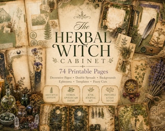 The Herbal Witch Cabinet Junk Journal Kit, Green Witch Printable, Botanical Grimoire Pages, Apothecary Ephemera, PDF JPG