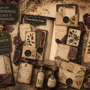 May include: A collection of vintage-style paper ephemera including a Poison Garden Ledger book, envelopes with wax seals, botanical cards, and two glass apothecary bottles with skull labels. Text includes Perfect for JUNK JOURNALS, COLLAGE & SCRAPBOOKING.