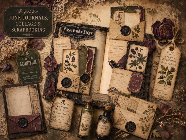 May include: A collection of vintage-style paper ephemera including a Poison Garden Ledger book, envelopes with wax seals, botanical cards, and two glass apothecary bottles with skull labels. Text includes Perfect for JUNK JOURNALS, COLLAGE & SCRAPBOOKING.