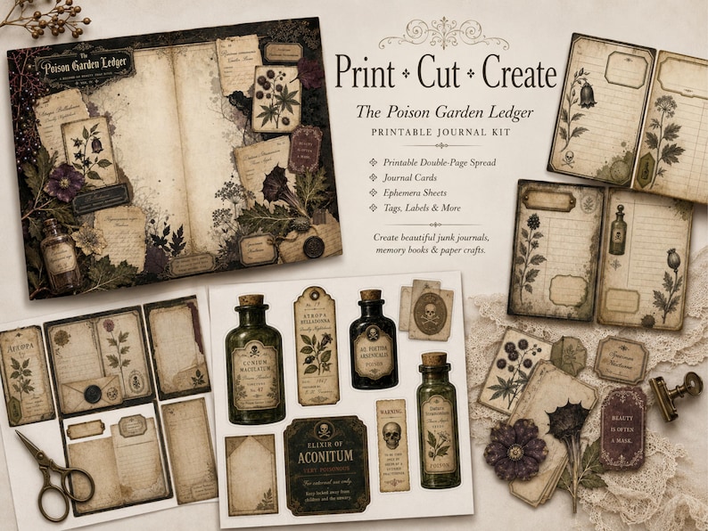 May include: A printable journal kit titled The Poison Garden Ledger featuring vintage-style paper sheets, ephemera, journal cards, and tags with botanical illustrations, apothecary bottles, and skull motifs in muted earth tones and dark purple accents.