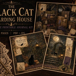 Black Cat Junk Journal Kit, utskrivbart gotiskt Halloween, viktorianskt efemera, sidor med mörk akademisk journal