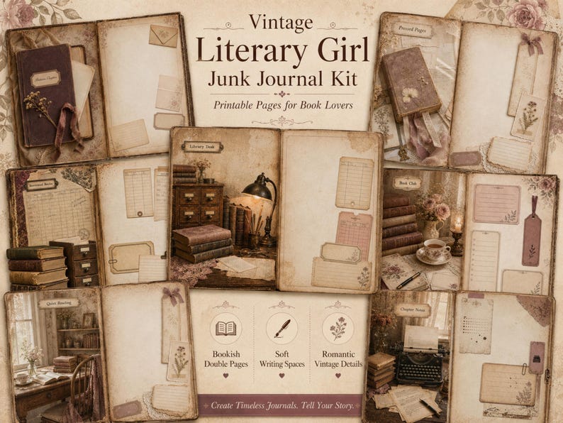 Vintage Literary Girl Junk Journal Kit, Bookish Printable Pages ...