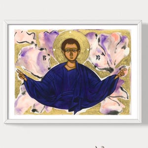 Icône moderne imprimée sur papier de Jésus-Christ Emmanuel – Robe mauve Bénédiction de Jésus | Cadeau d'art mural chrétien | Décoration d'intérieur catholique