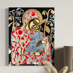 Impression d'art icône Mère de Dieu de la tendresse sur toile, cadeau pour maman, oeuvre d'art chrétienne moderne, décoration religieuse unique faite main pour la maison