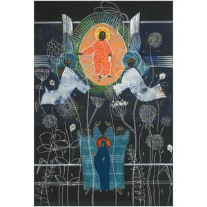 May include: An abstract painting with a dark background featuring figures in orange, white, and blue. The central figure in orange is surrounded by a halo, with other figures and floral elements. The artwork has a spiritual or religious theme.