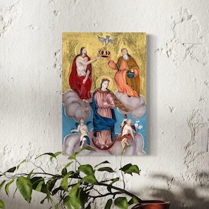 May include: A religious painting showing three figures above a woman on clouds, with angels below. The figures wear robes, with one holding a crown. The background is gold and blue, with a plant in the foreground.