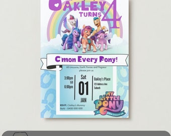 Rainbow My Little Pony New Generation inspired Birthday invitation. Mane 5 - Sunny, Izzy, Pip, Zipp and Hitch. download and customize