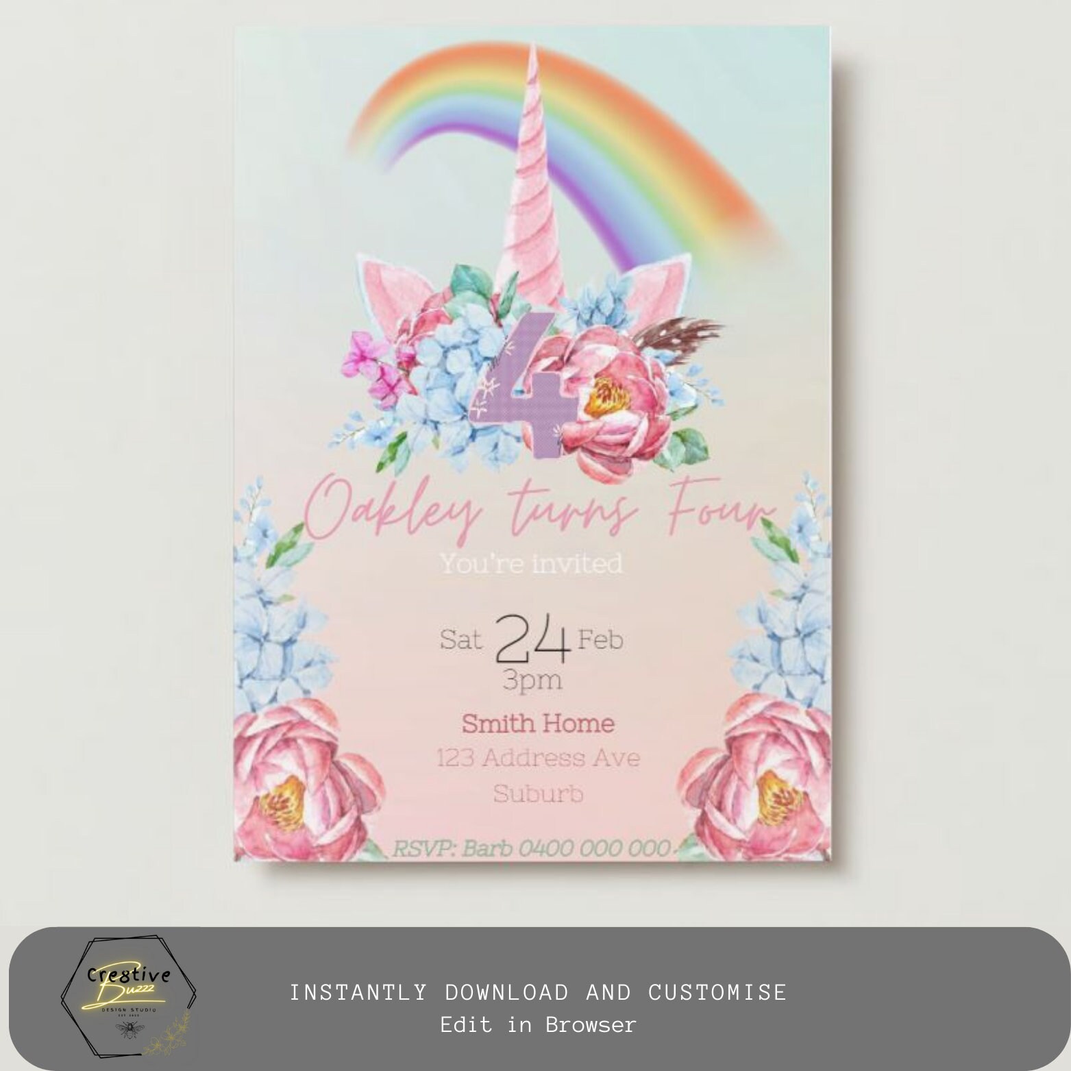 Rainbow Unicorn Birthday invitation. Little Girls Party. Instantly Customize and Download.