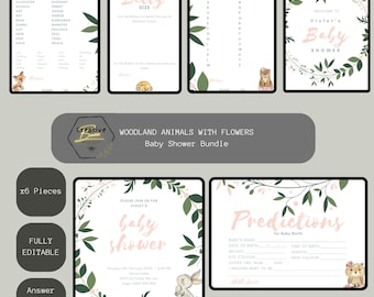 Woodland Animals with Flowers Baby Shower Bundle. Games + Invitation + Welcome sign. Editable Download.