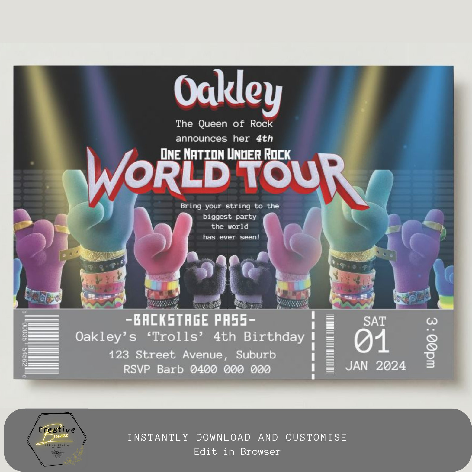 Trolls World Tour Inspired Birthday Invitation. One Nation Under Rock. Queen Barb. Rock Party. Download and Customize