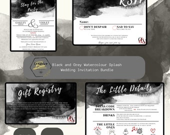 Black & Grey Watercolour Splash Wedding Invitation Bundle. Editable digital download. Rose Red, Alternative Save the Date, Engagement Party