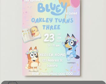 Rainbow Bluey inspired Birthday invitation. Bingo & Bluey Flower Girls. Duck Cake. download and customize