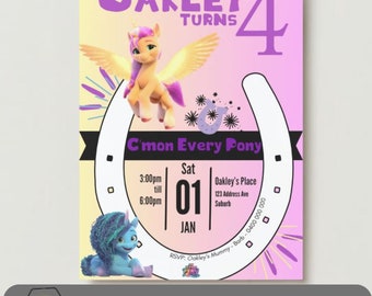 My Little Pony New Generation inspired Birthday invitation. Purple and Yellow. Sunny Starscout. Download and customize