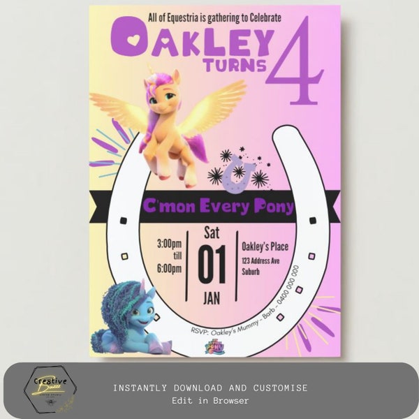 My Little Pony New Generation inspired Birthday invitation. Purple and Yellow. Sunny Starscout. Download and customize