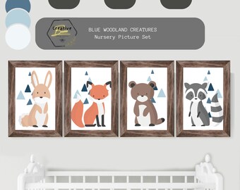 Blue Woodland Creatures Baby Nursery Picture Set - Bear, Fox, Bunny, Racoon, Woodland, Forrest,  Instant Download. Editable.