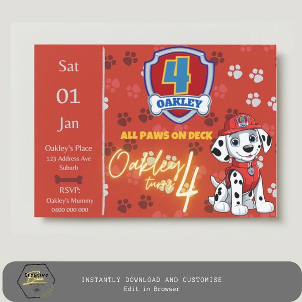 Red FireFighter Dog Birthday Invitation. Instantly Download and Customize. All Paws on Deck. Marshall. Pups. mighty. x2 variations included