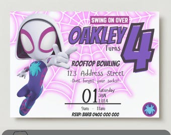 Purple Ghost Spider Birthday Invitation. Go Webs Go. Gwen Stacey. instantly customize and download. template. party invite