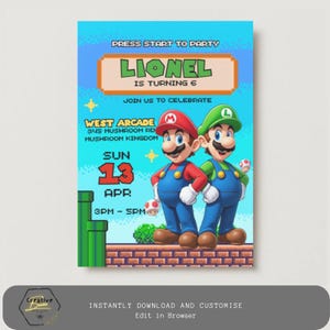 Super Mario and Luigi inspired Party invitation. Kids Arcade Birthday. Download and Customize