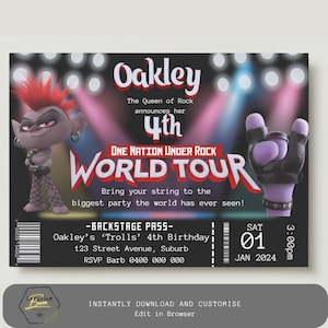 May include: A colourful invitation for a 4th birthday party featuring a character from the film Trolls World Tour. The invitation is designed to look like a backstage pass with the text "One Nation Under Rock World Tour" and "Oakley's 'Trolls' 4th Birthday".