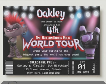Trolls World Tour Queen Barb inspired Birthday Invitation.  One Nation Under Rock. Trolls2 . Rock Party. Download and Customize
