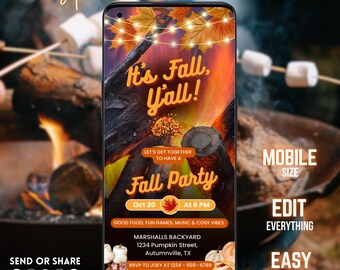Puede incluir: Una pantalla de teléfono inteligente muestra una invitación a una fiesta de otoño con el texto "It's Fall, Y'all!" y "Fall Party". El diseño incluye hojas de otoño, una hoguera y los detalles del evento. La invitación es para móvil.