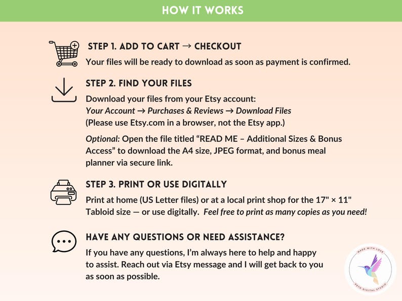 Puede incluir: Un gr&aacute;fico titulado "C&Oacute;MO FUNCIONA" con instrucciones para descargar e imprimir archivos digitales. Los pasos incluyen agregar al carrito, encontrar archivos en tu cuenta de Etsy e imprimir en casa o en una imprenta local. La imagen incluye iconos y texto.