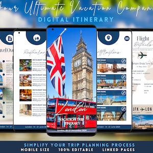 Travel Itinerary Template Digital Trip Planner Custom Mobile Travel Itinerary Canva Schedule Vacation Itinerary 7 Day Week Planner London