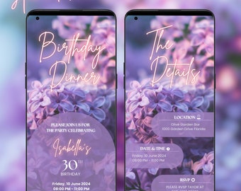 Plantilla de invitación digital para cena de cumpleaños con flores, invitación animada para fiesta de cumpleaños, cumpleaños de adultos, flores moradas, video de invitación