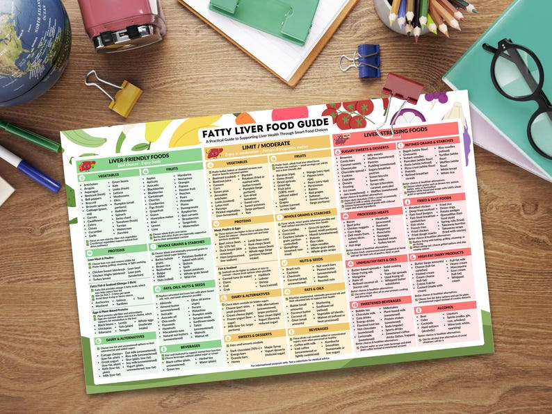 Puede incluir: Un gr&aacute;fico colorido de la "Gu&iacute;a de alimentos para el h&iacute;gado graso" con listas de alimentos para limitar o moderar. La gu&iacute;a est&aacute; sobre un escritorio de madera con &uacute;tiles de oficina.