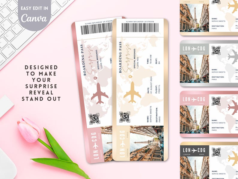 Surprise Trip Reveal Editable Boarding Pass Template Save The Date Boarding Invitation Surprise Ticket Rose Gold Plane Ticket Travel Gift