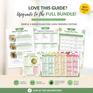 Puede incluir: Una colecci&oacute;n de gu&iacute;as impresas para un plan de alimentaci&oacute;n de 4 semanas para el h&iacute;gado. Las gu&iacute;as incluyen planes de comidas, listas de compras, una gu&iacute;a de alimentos y recetas f&aacute;ciles. El texto incluye "Love this guide? Upgrade to the Full Bundle!" y "Best Value".