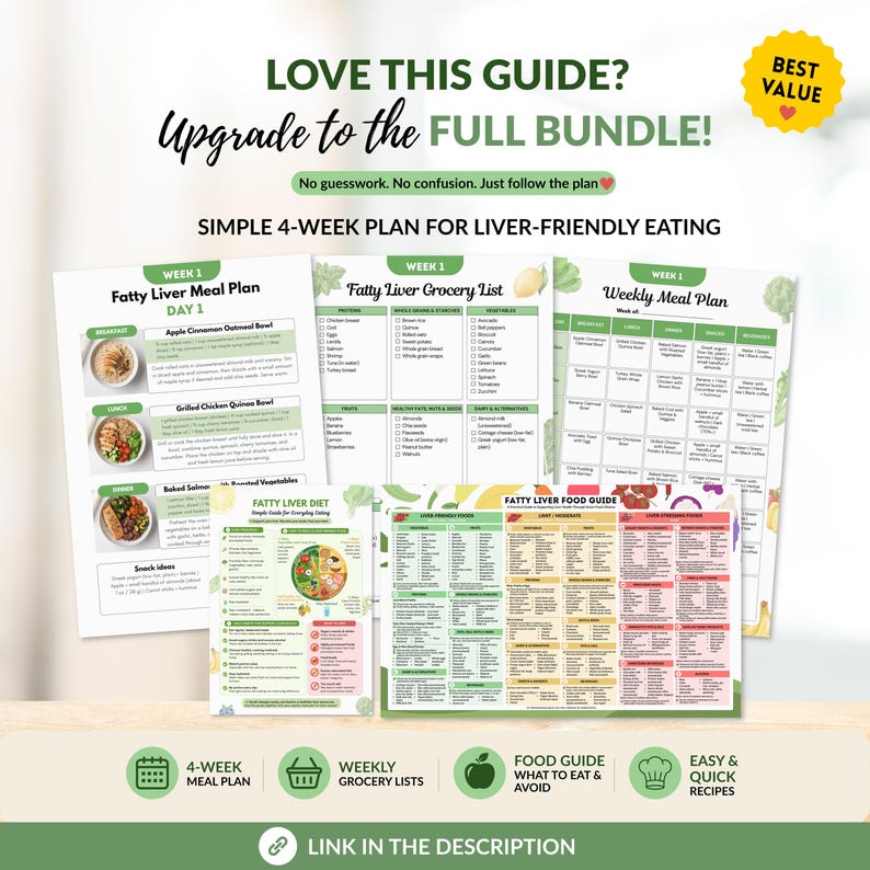 Puede incluir: Una colecci&oacute;n de gu&iacute;as impresas para un plan de alimentaci&oacute;n de 4 semanas para el h&iacute;gado. Las gu&iacute;as incluyen planes de comidas, listas de compras, una gu&iacute;a de alimentos y recetas f&aacute;ciles. El texto incluye "Love this guide? Upgrade to the Full Bundle!" y "Best Value".