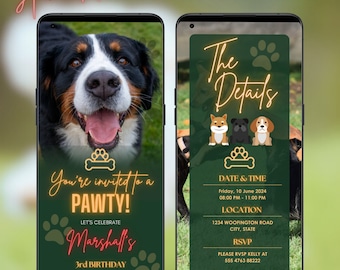May include: A green and gold digital invitation for a dog's birthday party. The invitation features a photo of a Bernese Mountain Dog and text that reads "You're invited to a Pawty! Let's celebrate Marshall's 3rd Birthday." The details of the party are listed on the right side of the invitation, including the date, time, location, and RSVP information.