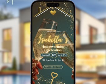 Invitación digital para fiesta de inauguración de la casa. Invitación animada para fiesta de inauguración de la casa. Plantilla editable de Evite para nuevo hogar. Tarjeta electrónica. Invitación digital para fiesta de inauguración de la casa.