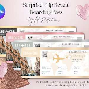 Überraschungsreise offenbaren bearbeitbare Bordkartenvorlage Speichern Sie das Datum Boarding-Einladung Überraschungsticket Roségold-Flugticket-Reisegeschenk