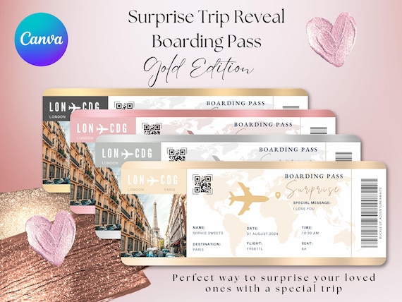 Surprise Trip Reveal Editable Boarding Pass Template Save The Date Boarding Invitation Surprise Ticket Rose Gold Plane Ticket Travel Gift
