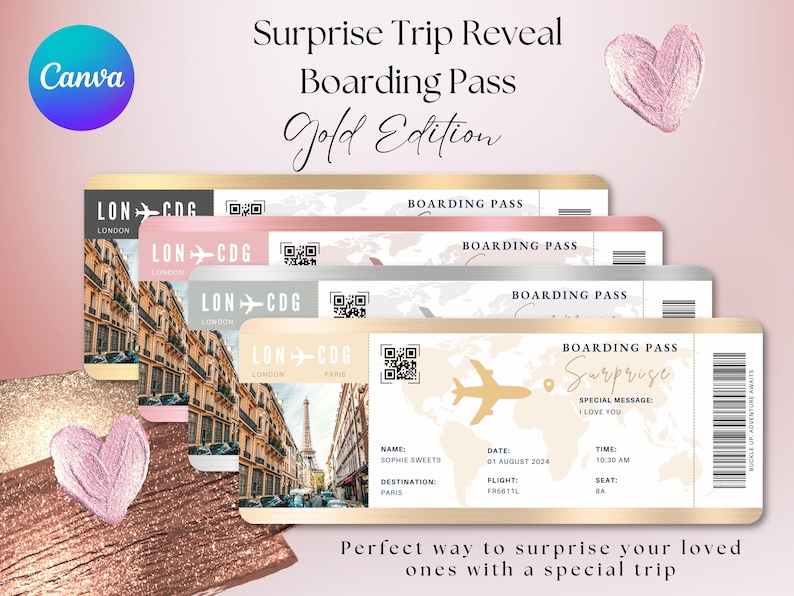 Surprise Trip Reveal Editable Boarding Pass Template Save The Date Boarding Invitation Surprise Ticket Rose Gold Plane Ticket Travel Gift