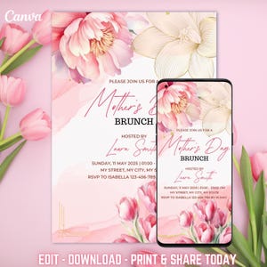 Invitación digital editable para brunch del Día de la Madre con diseño floral en rosa y dorado, invitación digital para evento, tarjeta de invitación para el Día de la Madre, personalizable, 5 x 7