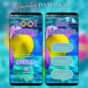 Pool Party Birthday Invitation for Adult DIY 16th Birthday Invite Teen Animated BDay Summer Party Invitation Editable 18th Birthday Invite