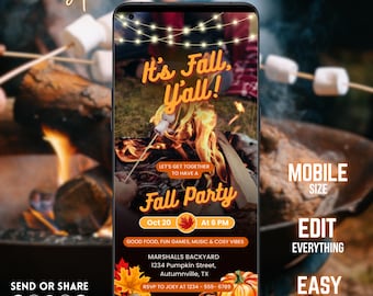 Editable Fall Party Invitation Digital Animated Fall Birthday Video Invite Autumn Barbecue Bonfire Octoberfest It's Fall Y'all Pumpkin Party