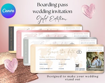 Boarding Pass Wedding Invitation Canva Template Editable Invitation Wedding Gold Passport Wedding Boarding Pass Save The Date