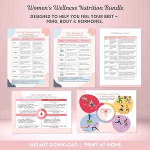 May include: A Women's Wellness Nutrition Bundle with charts and guides. The bundle includes information on essential micronutrients, mood-boosting foods, a vitamins chart, and a guide to syncing with your cycle. The text reads "Designed to help you feel your best - Mind, Body & Hormones."