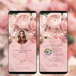 Plantilla elegante de invitación para cena de cumpleaños, invitación animada digital con flores para fiesta de cumpleaños de adultos, video con flores elegantes, rosa rosa