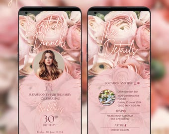 Plantilla elegante de invitación para cena de cumpleaños, invitación animada digital con flores para fiesta de cumpleaños de adultos, video con flores elegantes, rosa rosa