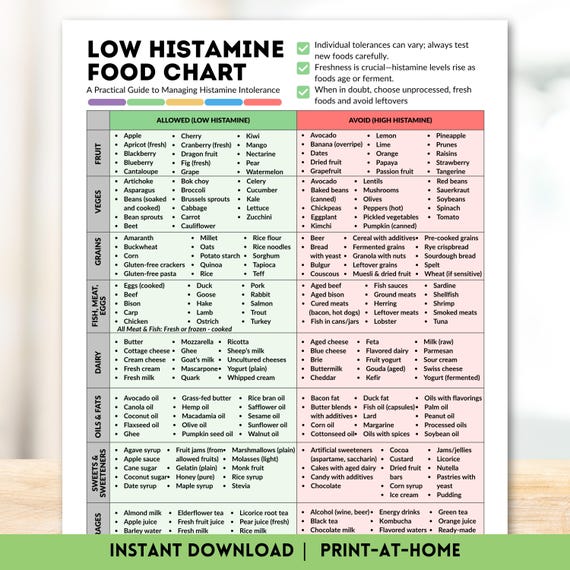Low Histamine Food Chart Printable Foods List for Histamine Intolerance, Diet Guide Instant Digital Download Food Guide Nutrition Poster