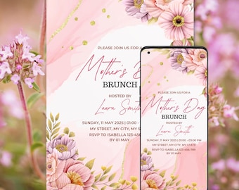 Mothers Day Invite Digital Watercolor Floral Pink Gold Brunch Invitation Digital Event Invitation Mom Happy Mother's Day Invitation Editable