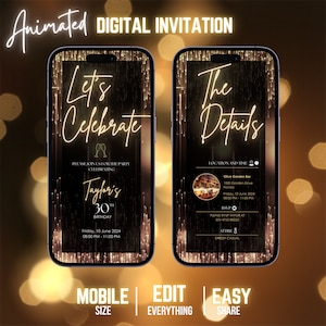 Birthday Invitation Template Digital Birthday Party Animated Invitation Digital Birthday Adult Birthday Black And Gold Video Evite