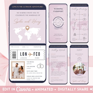 Convite de casamento com passaporte Canva Template editável Convite de casamento com passaporte Cronograma de casamento Detalhes do casamento Cartão RVSP